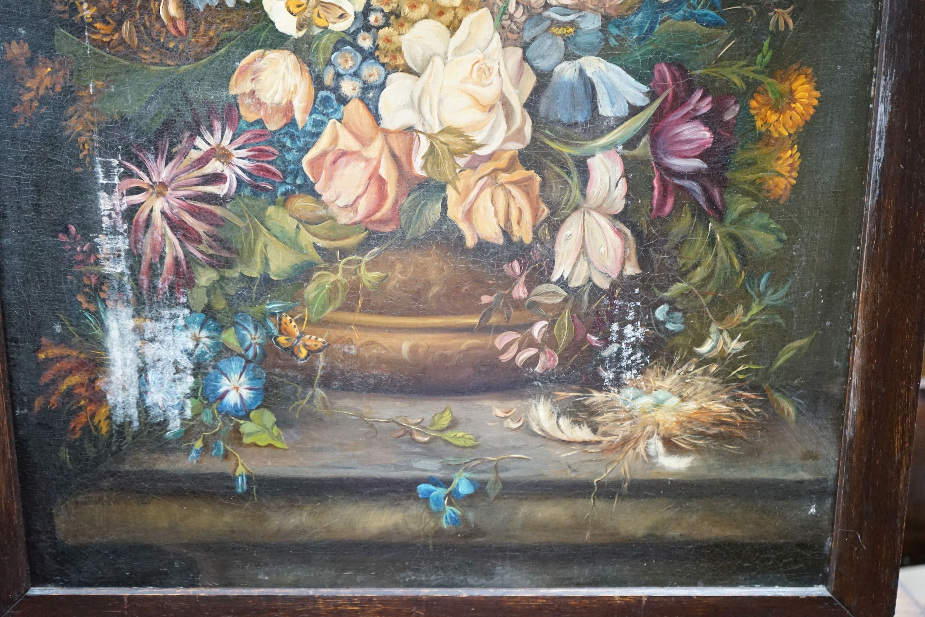 An early 20th century painted fire screen inset still life oil on canvas, width 66cm, height 94cm
